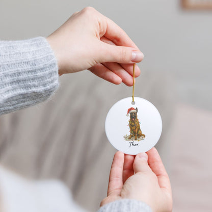 Personalized Belgian Malinois Dog Christmas Ornament, Ceramic Pet Decor, Santa Hat Lights