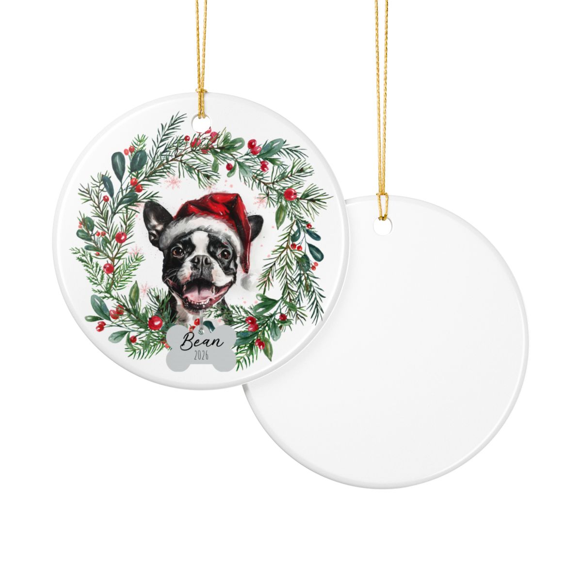 Personalized Boston Terrier Christmas Wreath Ornament