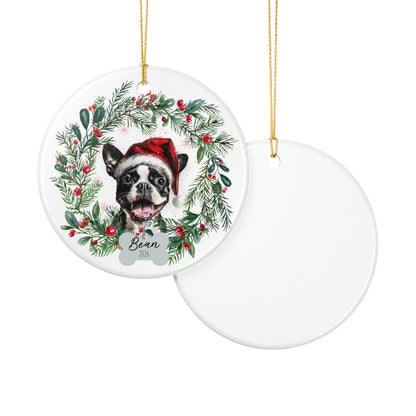 Personalized Boston Terrier Christmas Wreath Ornament