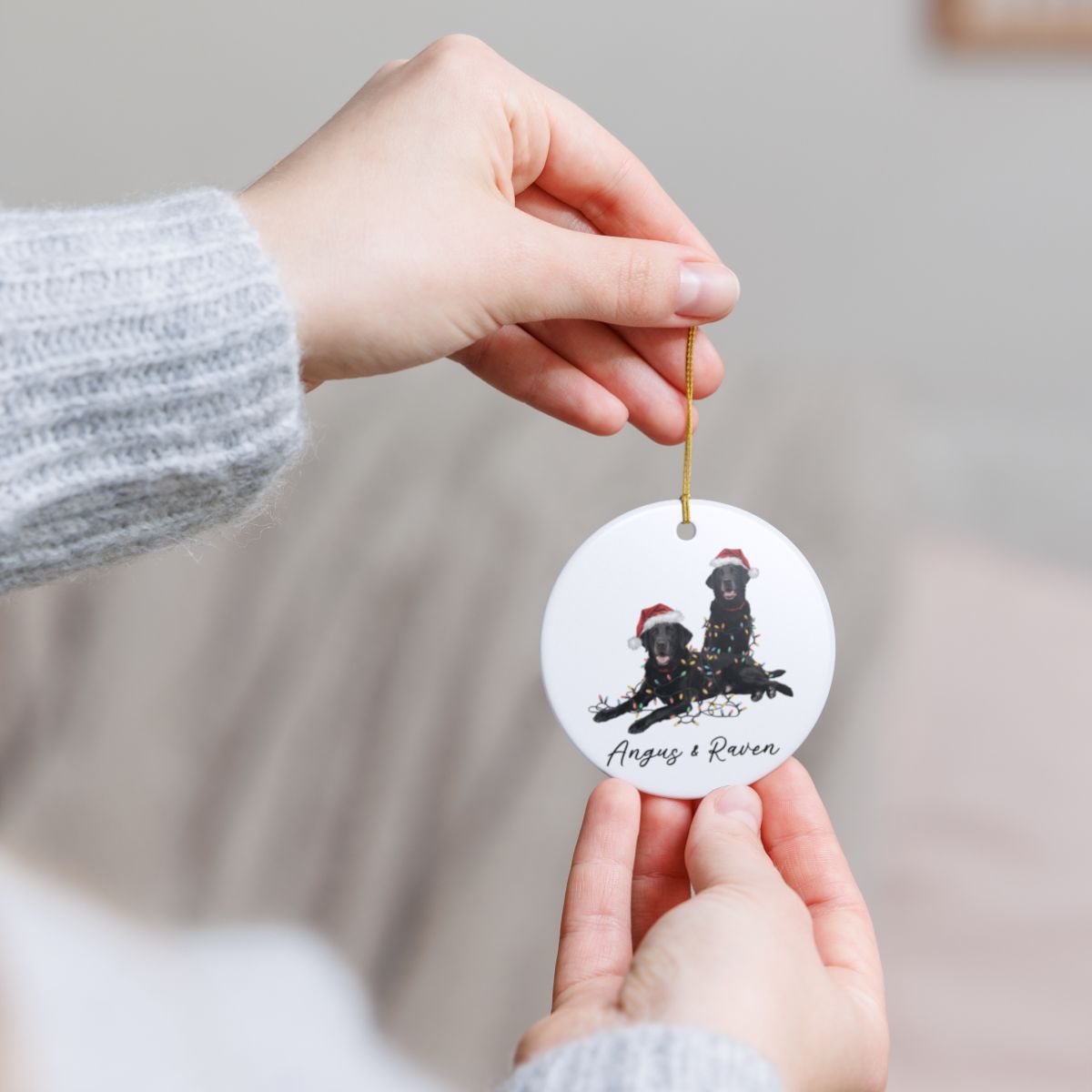 Personalized Black Lab Christmas Ornament: Festive Dog Duo with Lights, Ceramic Keepsake