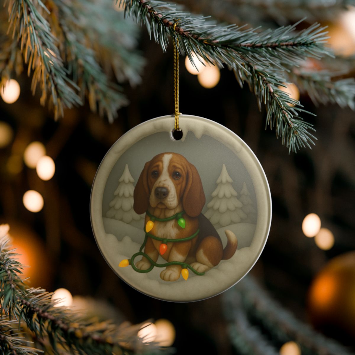 Personalized Basset Hound Christmas Ornament, Custom Dog with Holiday Lights Keepsake