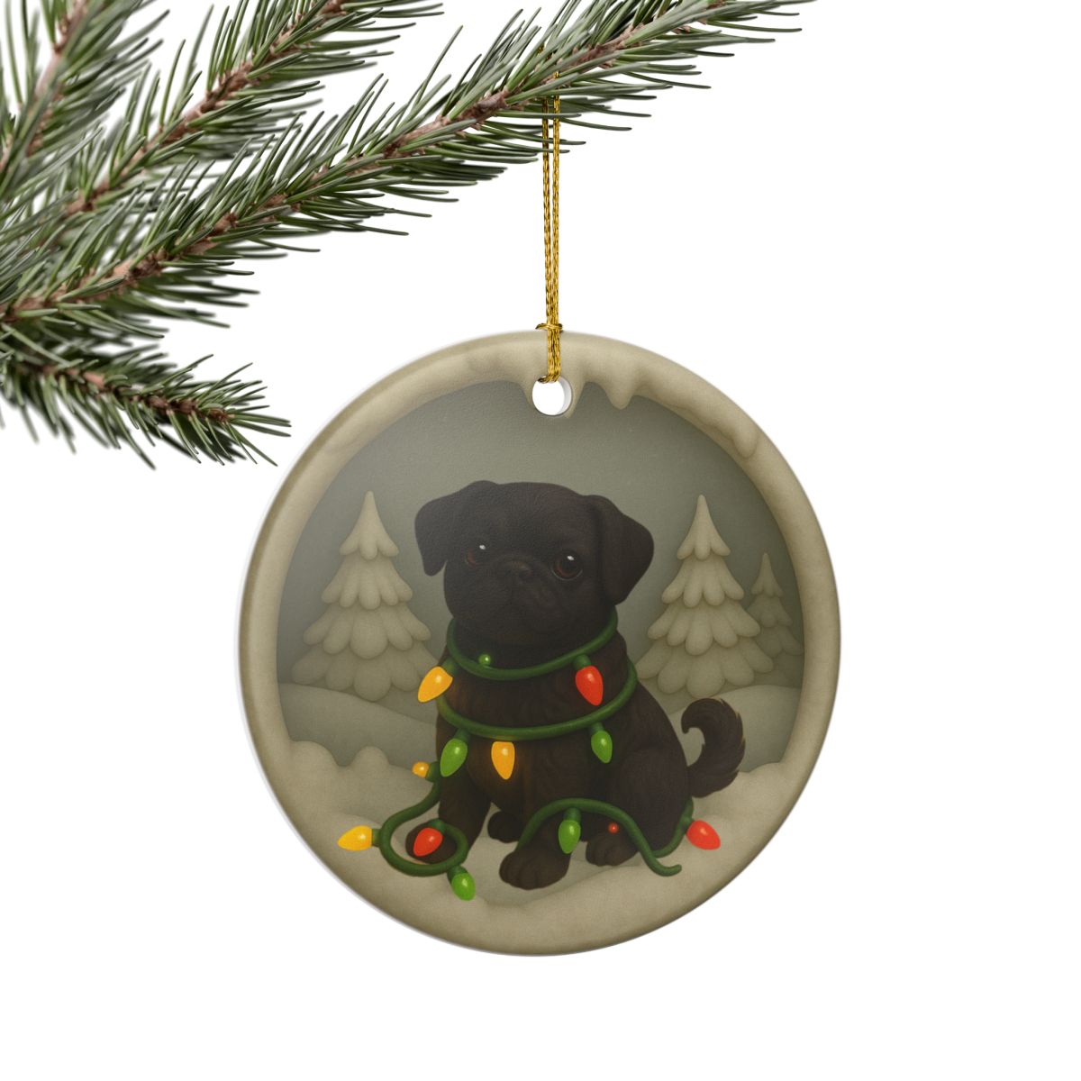 Personalized Black Pug Christmas Ornament, 3D Clay-Style Dog Keepsake with Lights