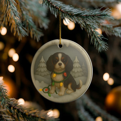Personalized Tricolor Cavalier King Charles Spaniel Christmas Ornament, 3D Clay-Style Dog Keepsake with Lights