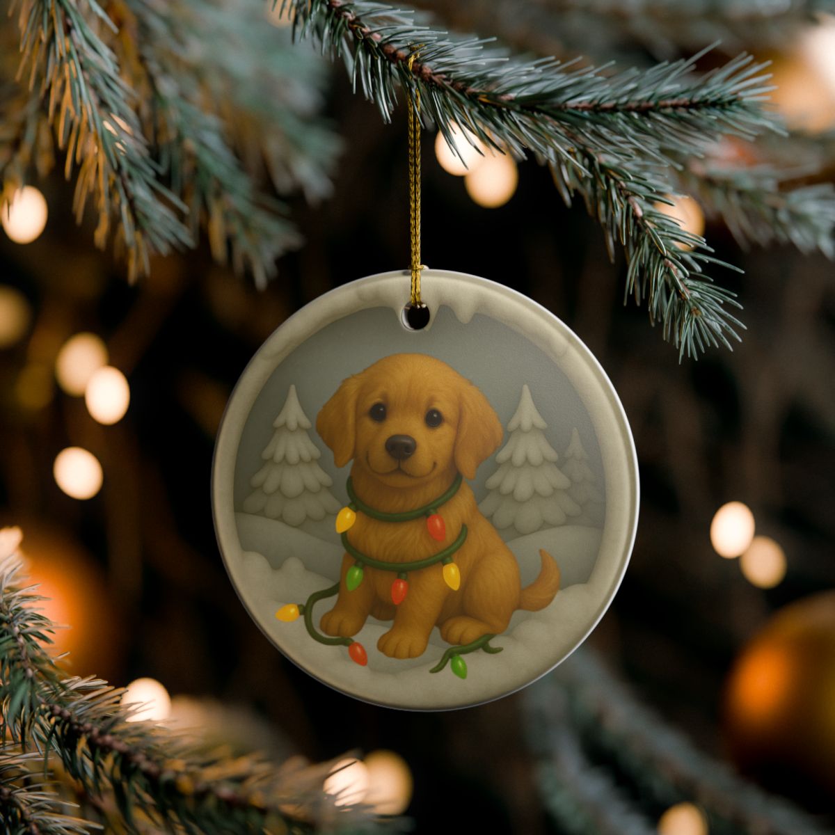 Personalized Golden Retriever Christmas Ornament, 3D Clay-Style Dog Keepsake with Lights