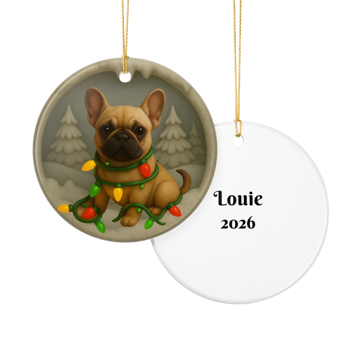 Personalized French Bulldog Christmas Ornament, Custom Frenchie with Holiday Lights Keepsake
