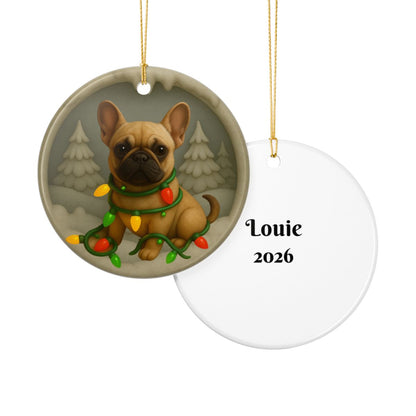 Personalized French Bulldog Christmas Ornament, Custom Frenchie with Holiday Lights Keepsake