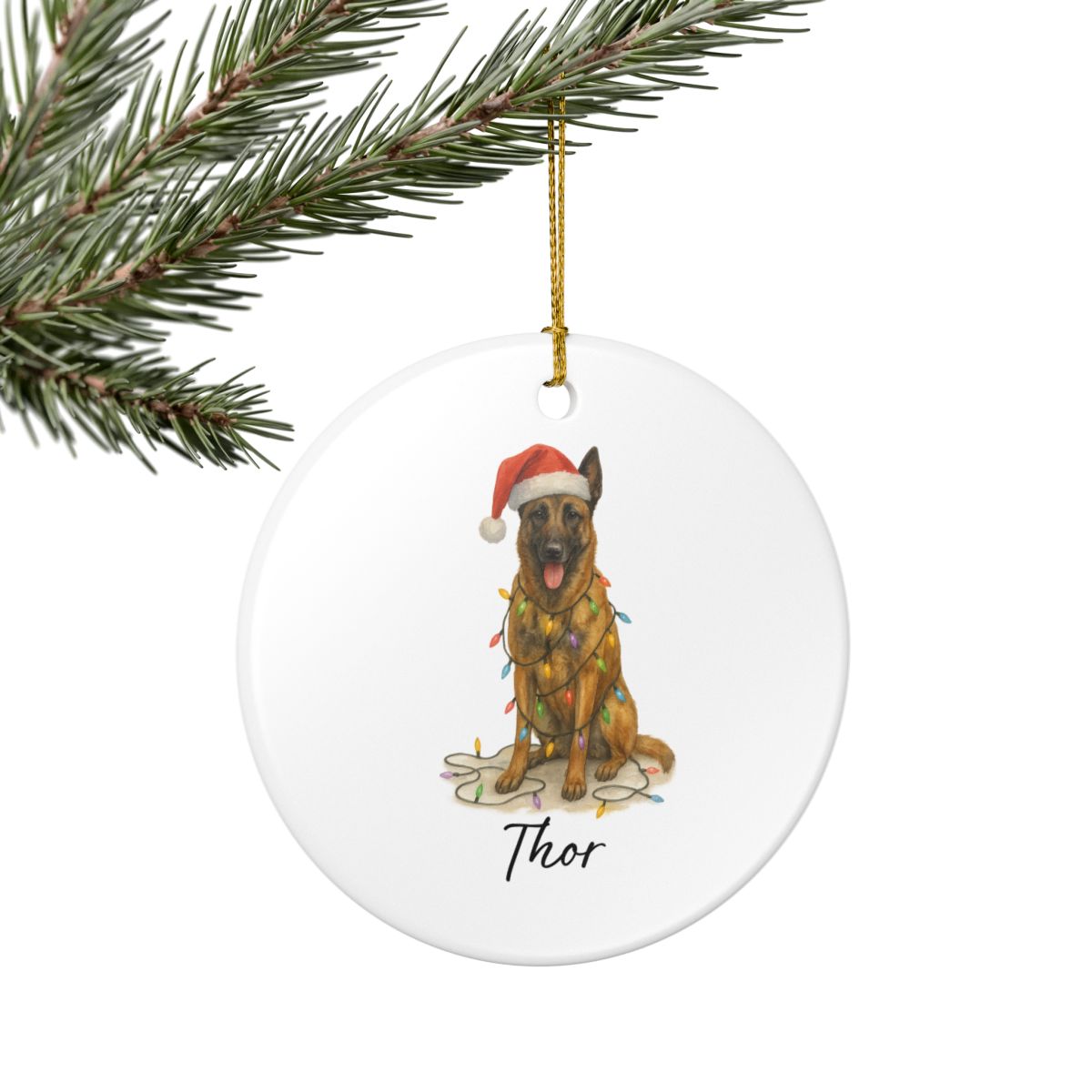 Personalized Belgian Malinois Dog Christmas Ornament, Ceramic Pet Decor, Santa Hat Lights