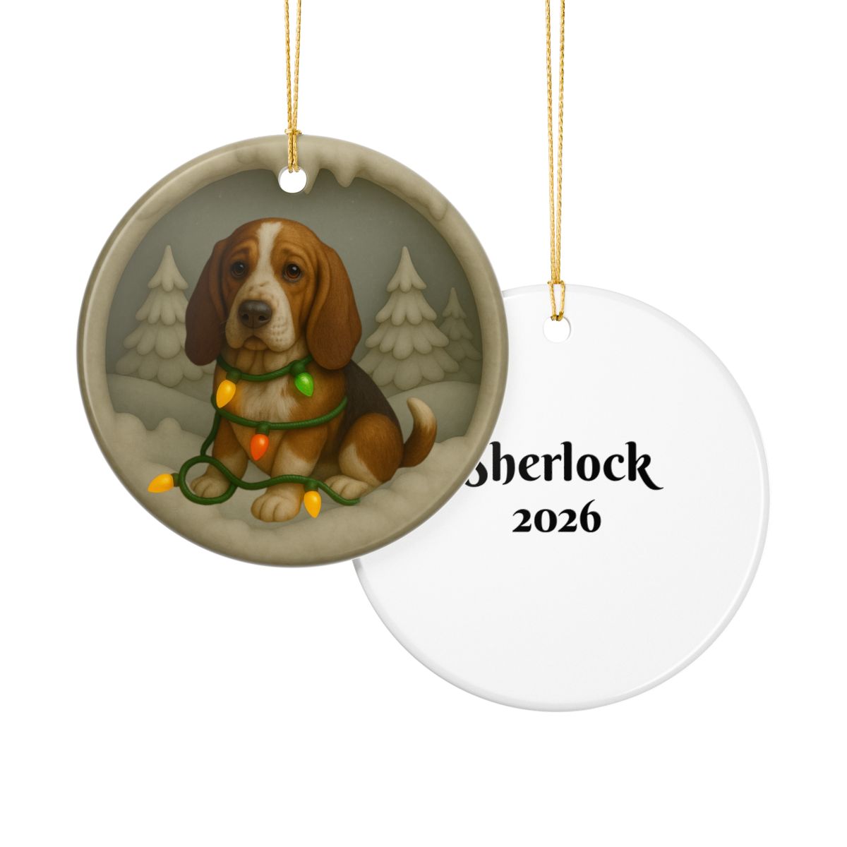 Personalized Basset Hound Christmas Ornament, Custom Dog with Holiday Lights Keepsake