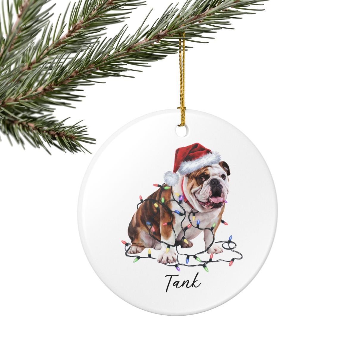 Personalized Bulldog Christmas Ornament, Ceramic Dog Lover Keepsake, Festive Lights Decoration