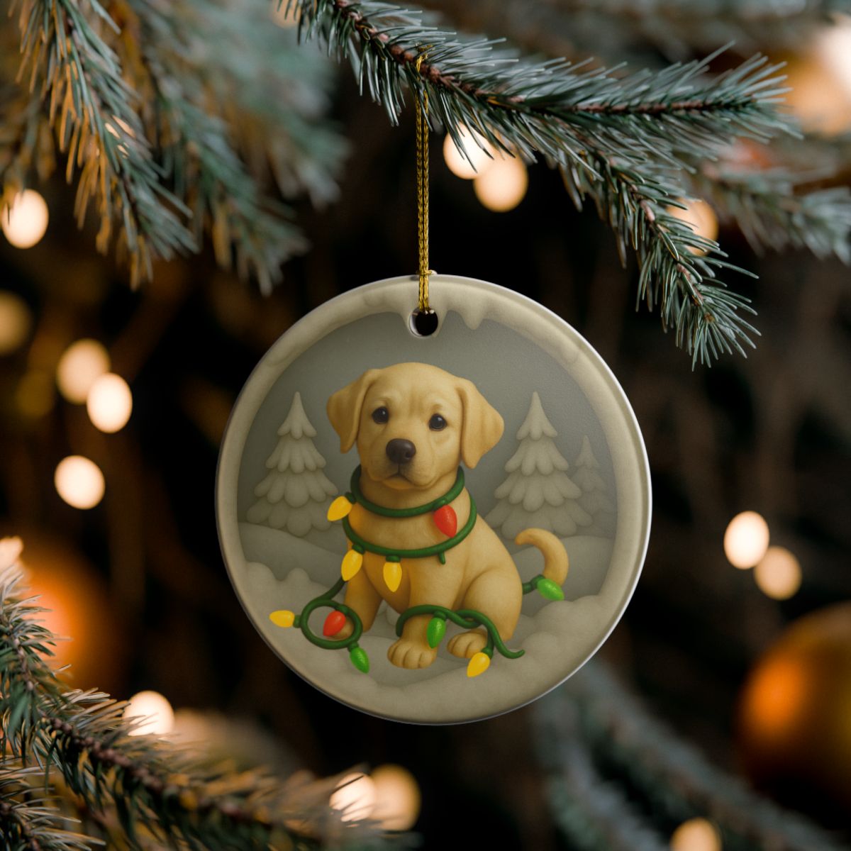 Personalized Yellow Lab Christmas Ornament, Custom Labrador Retriever with Holiday Lights Keepsake
