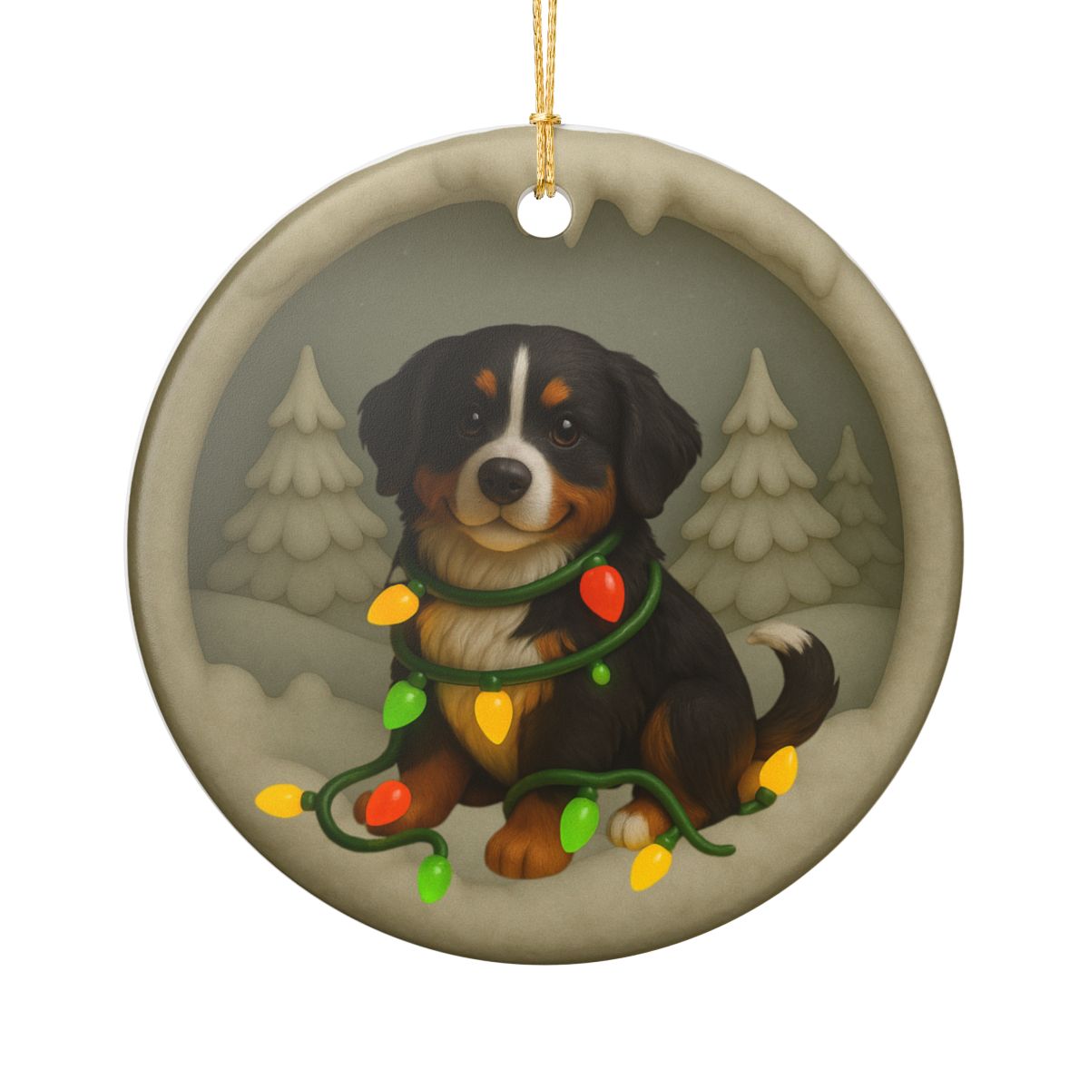 Personalized Bernese Mountain Dog Christmas Ornament, Custom Dog with Holiday Lights Keepsake