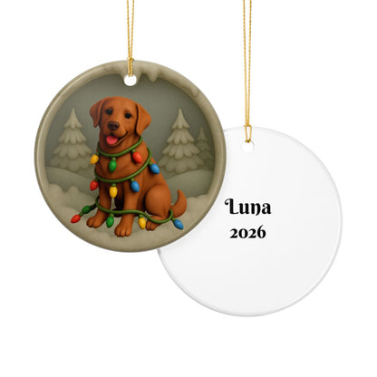 Fox Red Lab Christmas Ornament, Personalized Labrador Retriever Puppy with Holiday Lights, Custom Dog Lover Gift, Tree Decoration