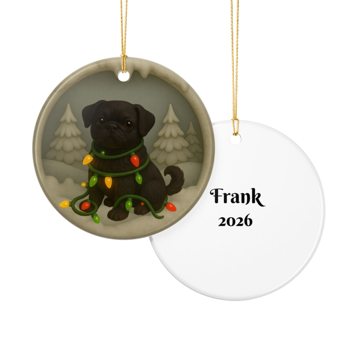 Personalized Black Pug Christmas Ornament, 3D Clay-Style Dog Keepsake with Lights