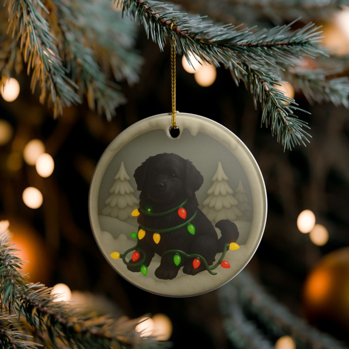 Personalized Black Newfoundland Christmas Ornament, 3D Clay-Style Dog Keepsake with Lights