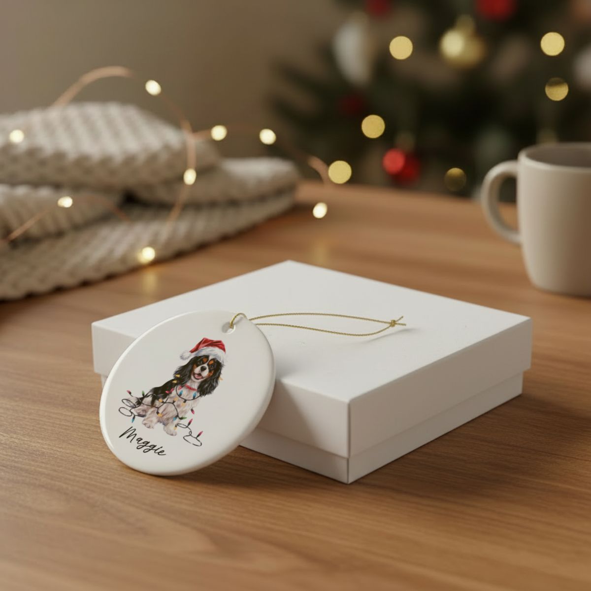 Personalized Tricolor Cavalier King Charles Spaniel Christmas Ornament, Ceramic Dog Lover Gift