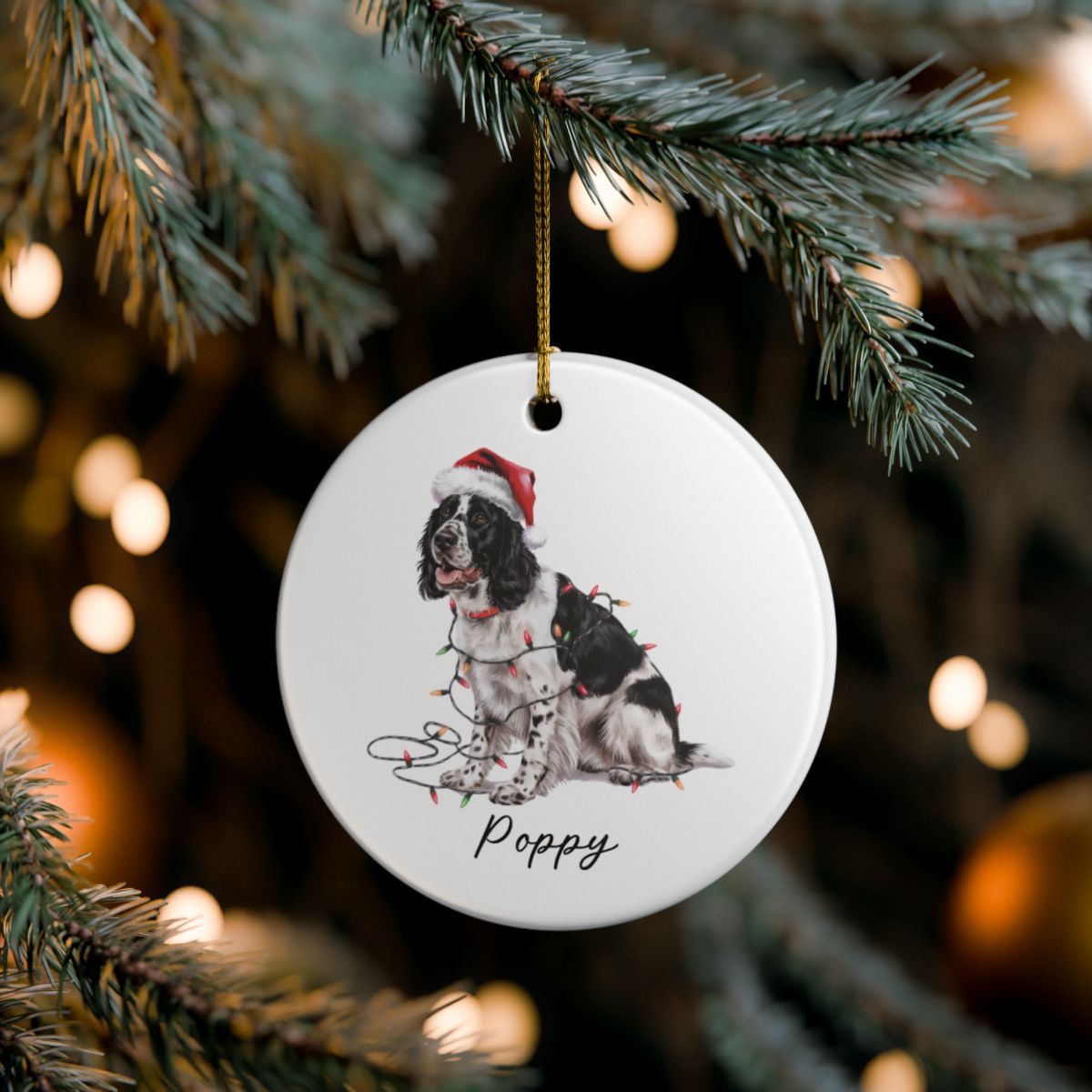 Personalized Black Springer Spaniel Ornament, Christmas Dog Decor