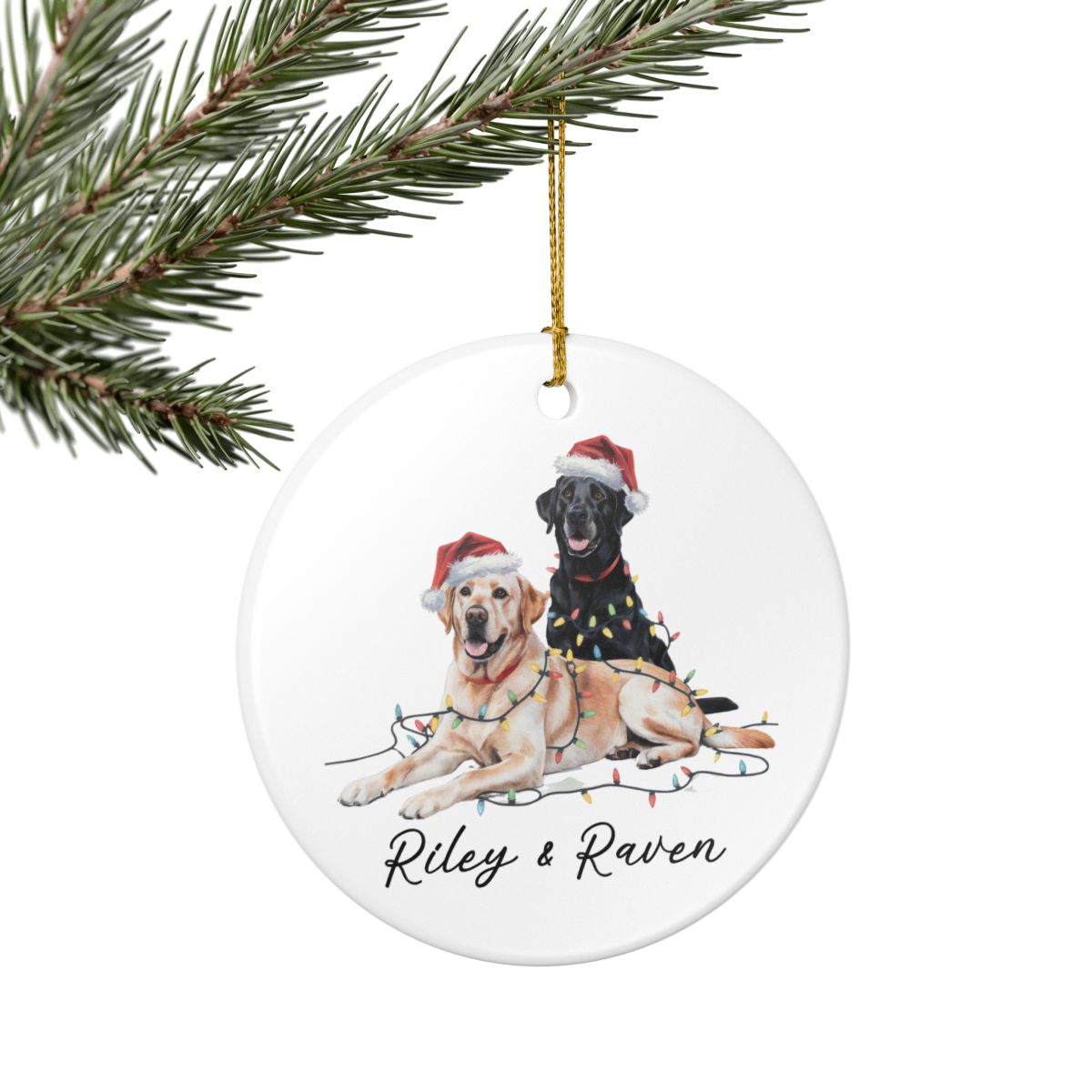 Personalized Yellow Black Lab Christmas Ornament, Festive Dog Lights, Ceramic Keepsake