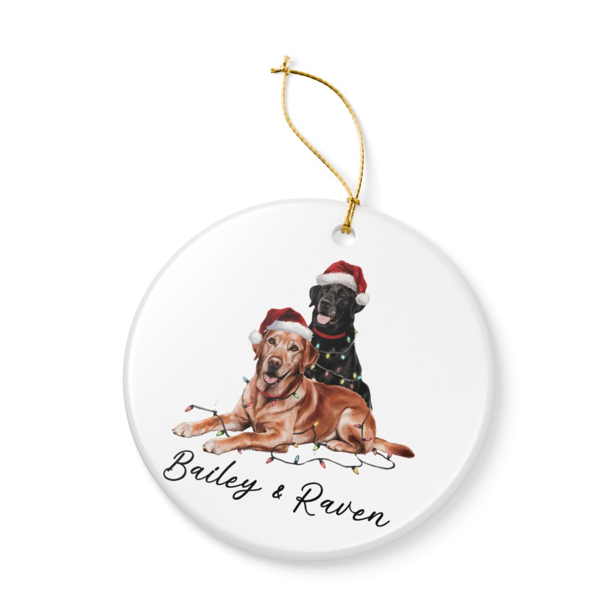 Personalized Red Fox and Black Labrador Christmas Lights Ornament
