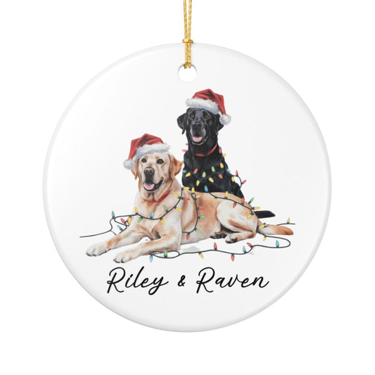 Personalized Yellow Black Lab Christmas Ornament, Festive Dog Lights, Ceramic Keepsake