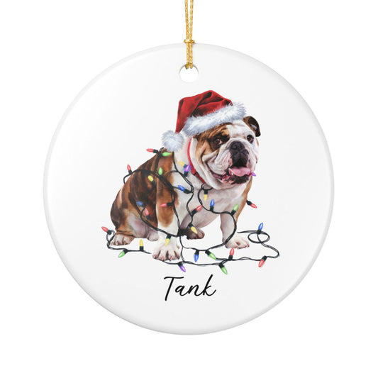 Personalized Bulldog Christmas Ornament, Ceramic Dog Lover Keepsake, Festive Lights Decoration