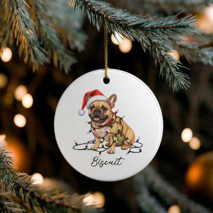 Personalized Fawn French Bulldog Ceramic Ornament, Dog Christmas Gift, Festive Lights Keepsake