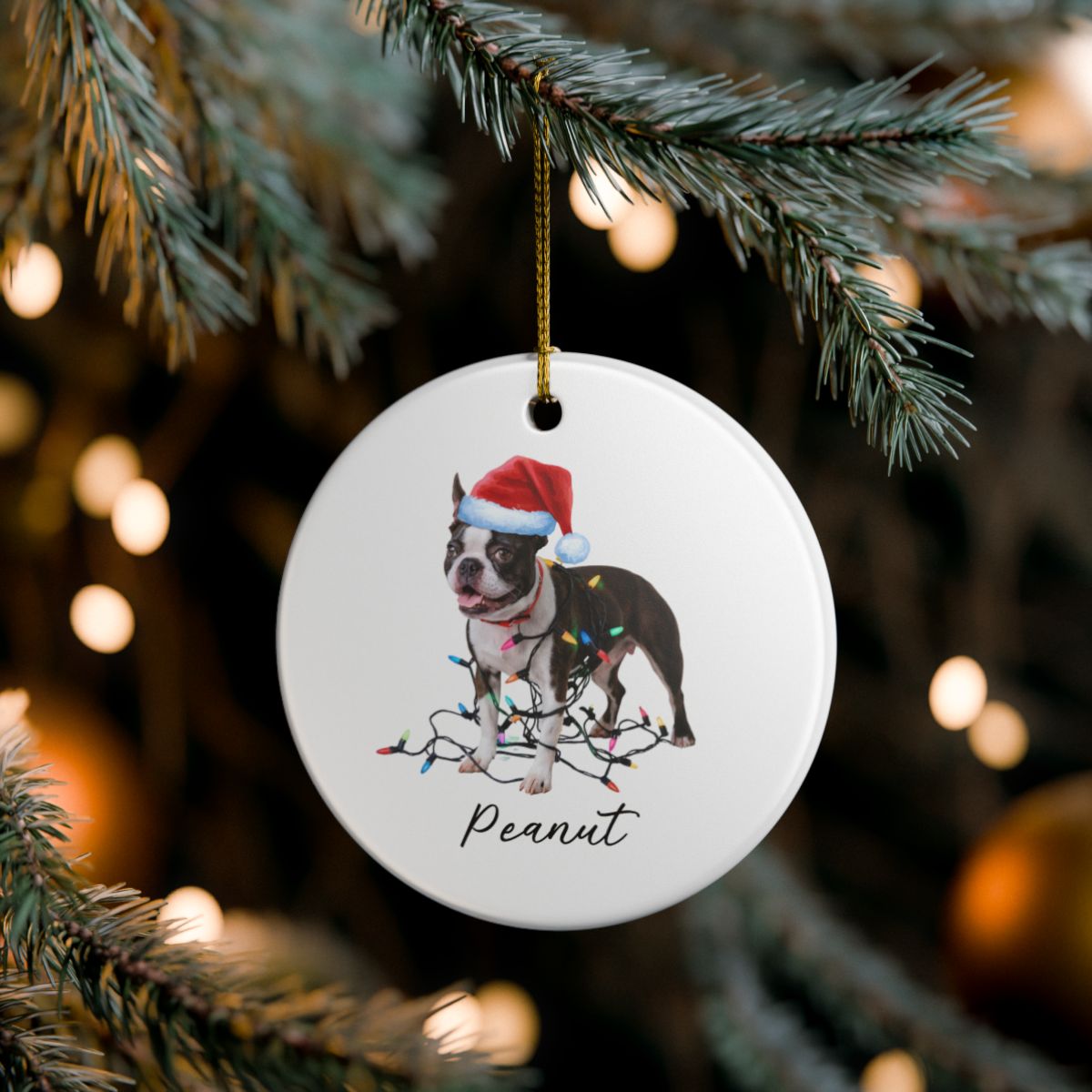 Personalized Boston Terrier Christmas Ornament, Ceramic Dog Lover Gift, Festive Lights Tree Decor
