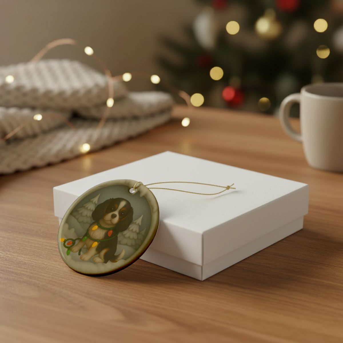 Personalized Tricolor Cavalier King Charles Spaniel Christmas Ornament, 3D Clay-Style Dog Keepsake with Lights
