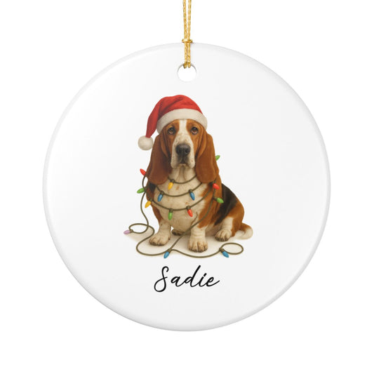 Personalized Basset Hound Christmas Ornament, Ceramic Dog Decor, Santa Hat Lights Keepsake