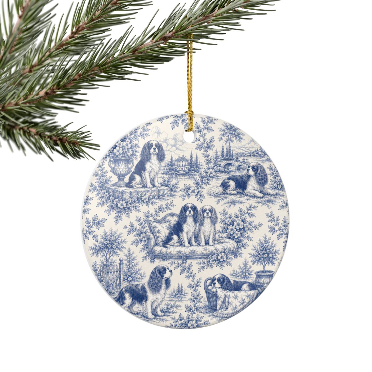 Cavalier French Blue Toile Dog Ornament