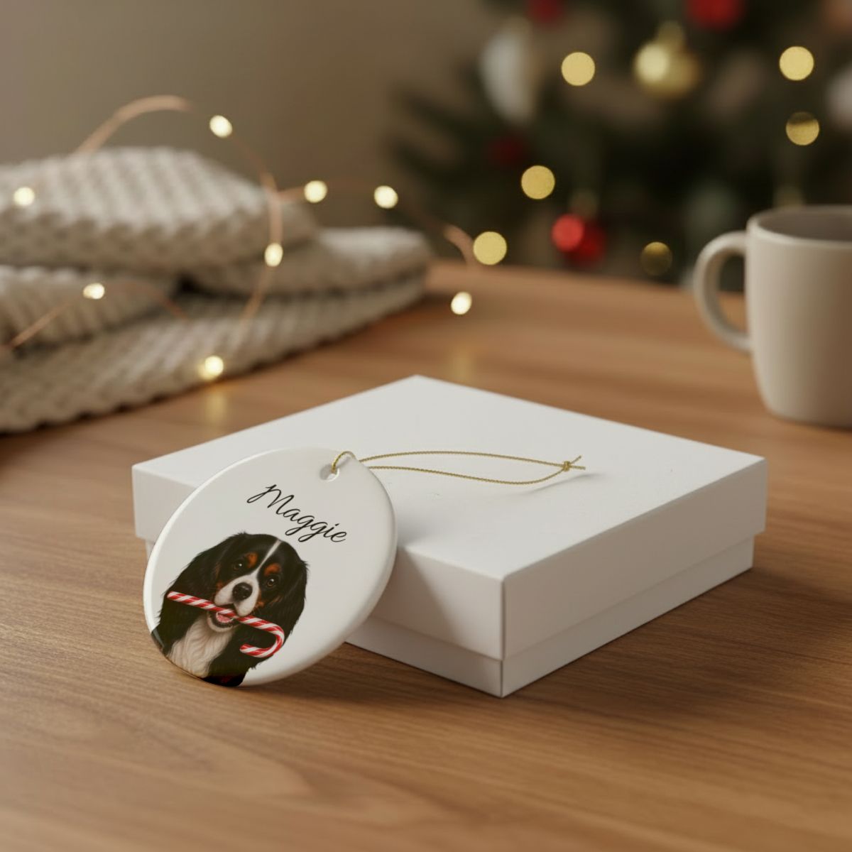 Personalized Tricolor Cavalier Candy Cane Ornament