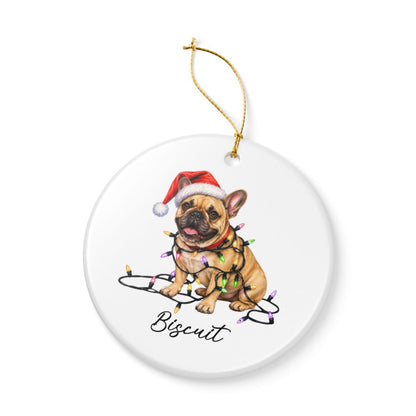 Personalized Fawn French Bulldog Ceramic Ornament, Dog Christmas Gift, Festive Lights Keepsake