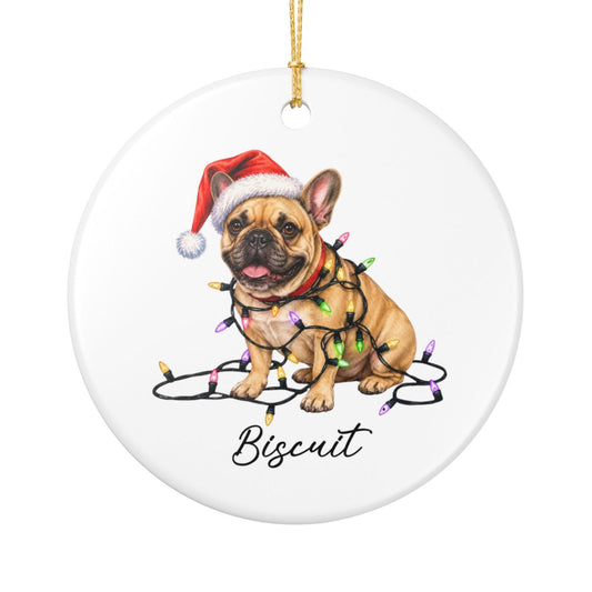 Personalized Fawn French Bulldog Ceramic Ornament, Dog Christmas Gift, Festive Lights Keepsake