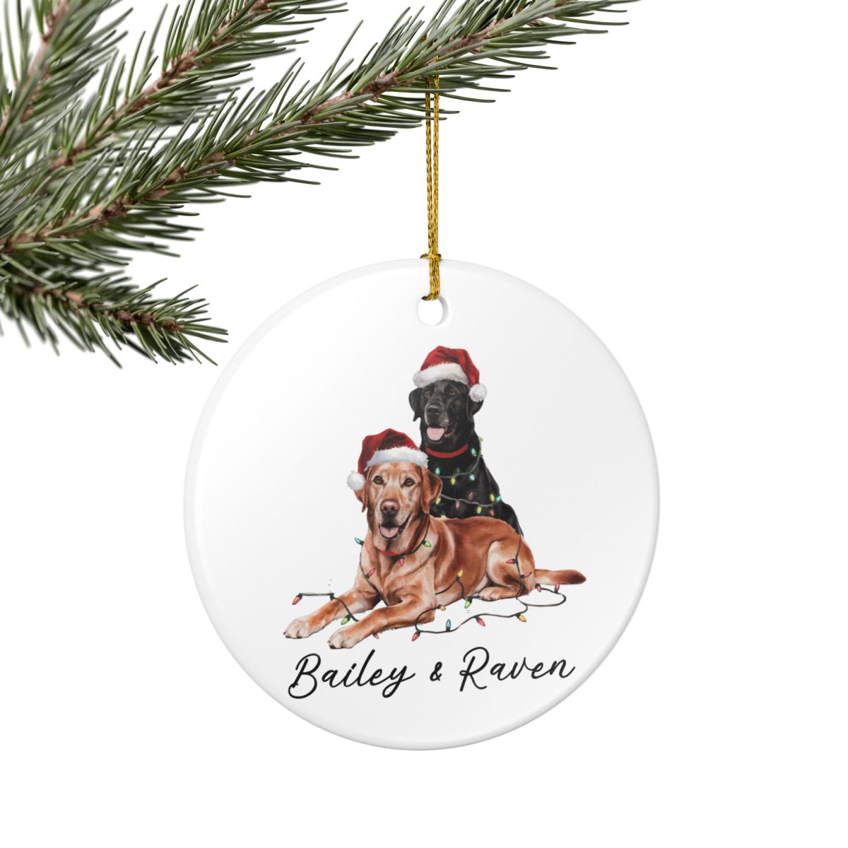 Personalized Red Fox and Black Labrador Christmas Lights Ornament