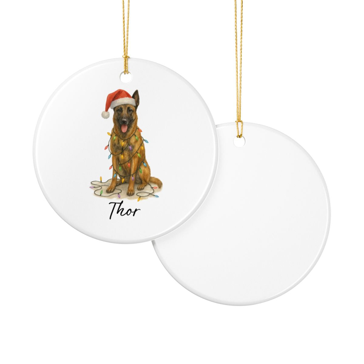 Personalized Belgian Malinois Dog Christmas Ornament, Ceramic Pet Decor, Santa Hat Lights