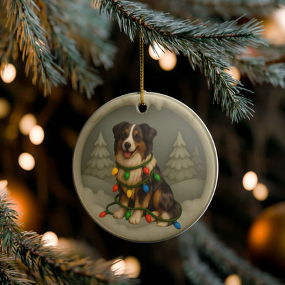 Personalizable Australian Shepherd Christmas Ornament, Custom Aussie with Holiday Lights Keepsake