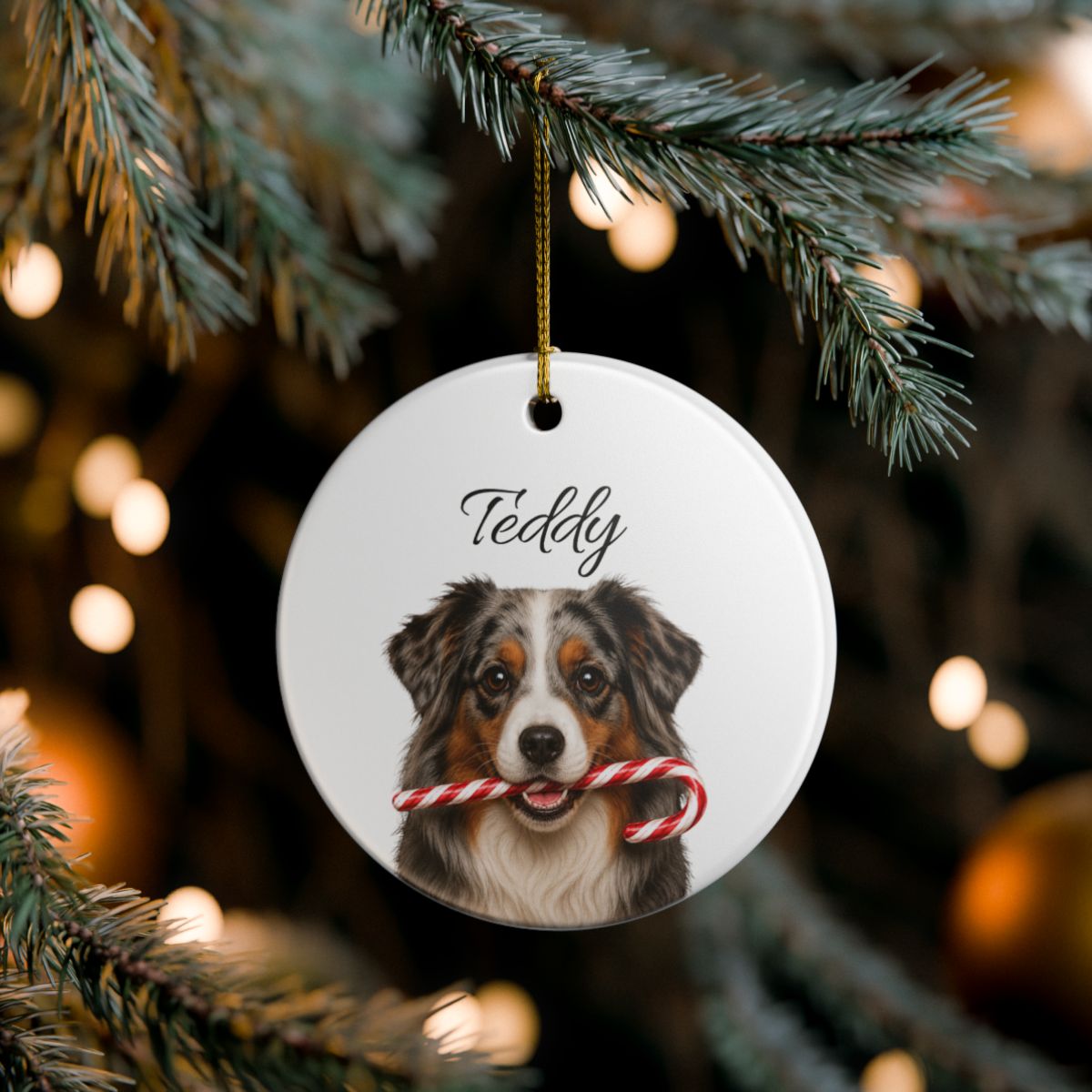 Personalized Australian Shepherd Candy Cane Ornament