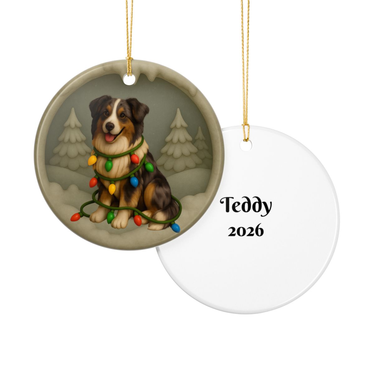 Personalized Australian Shepherd Christmas Ornament, Custom Aussie with Holiday Lights Keepsake