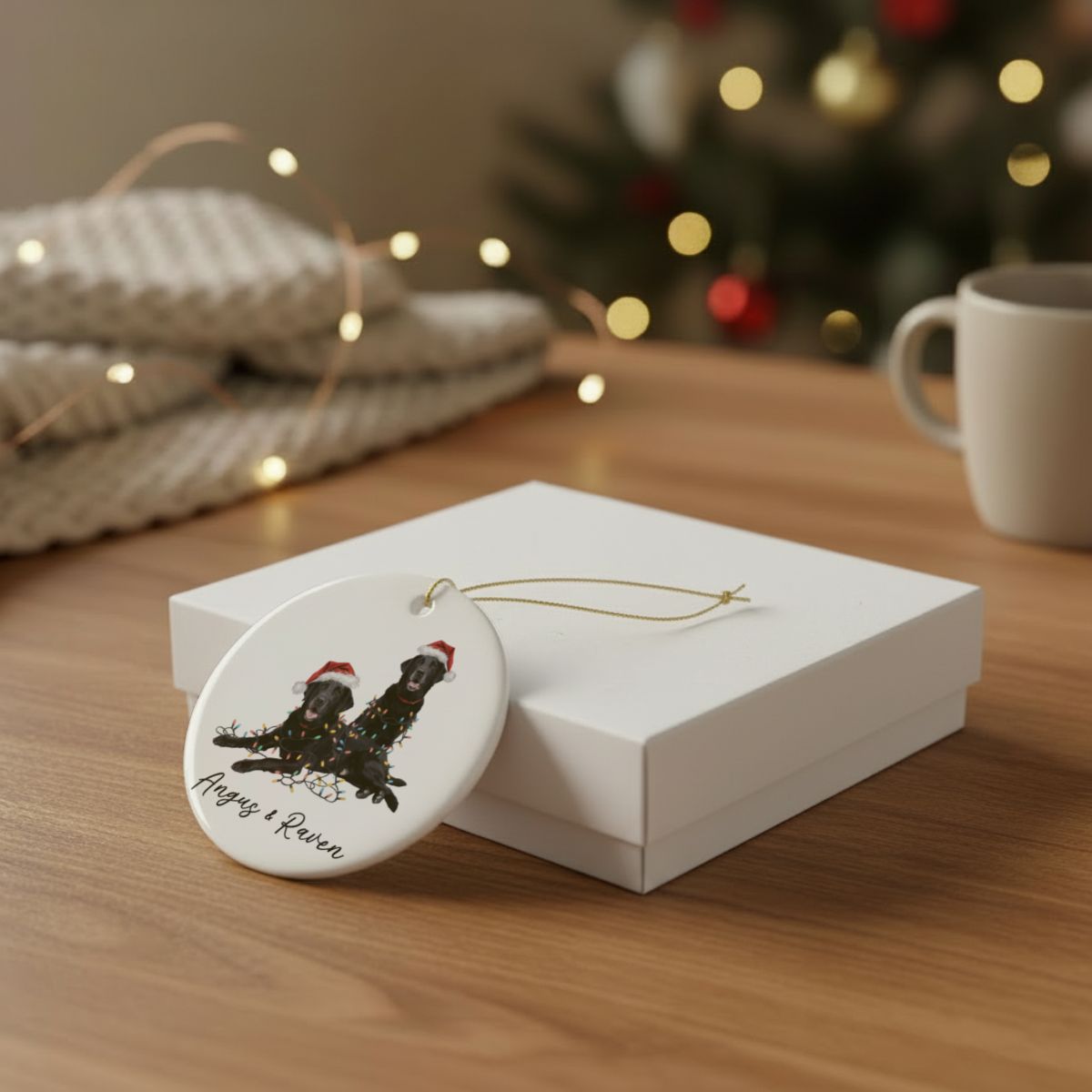 Personalized Black Lab Christmas Ornament: Festive Dog Duo with Lights, Ceramic Keepsake