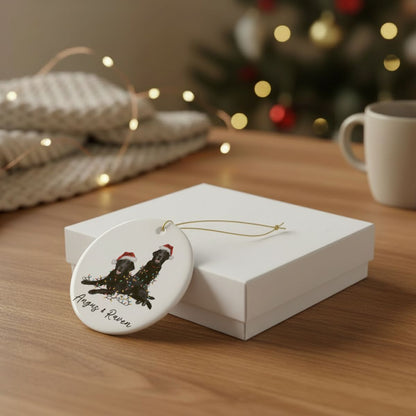 Personalized Black Lab Christmas Ornament: Festive Dog Duo with Lights, Ceramic Keepsake