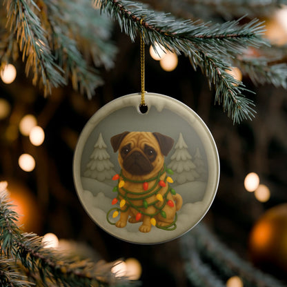 Personalized Tan Pug Christmas Ornament, 3D Clay-Style Dog Keepsake with Lights