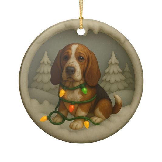 Personalized Basset Hound Christmas Ornament, Custom Dog with Holiday Lights Keepsake