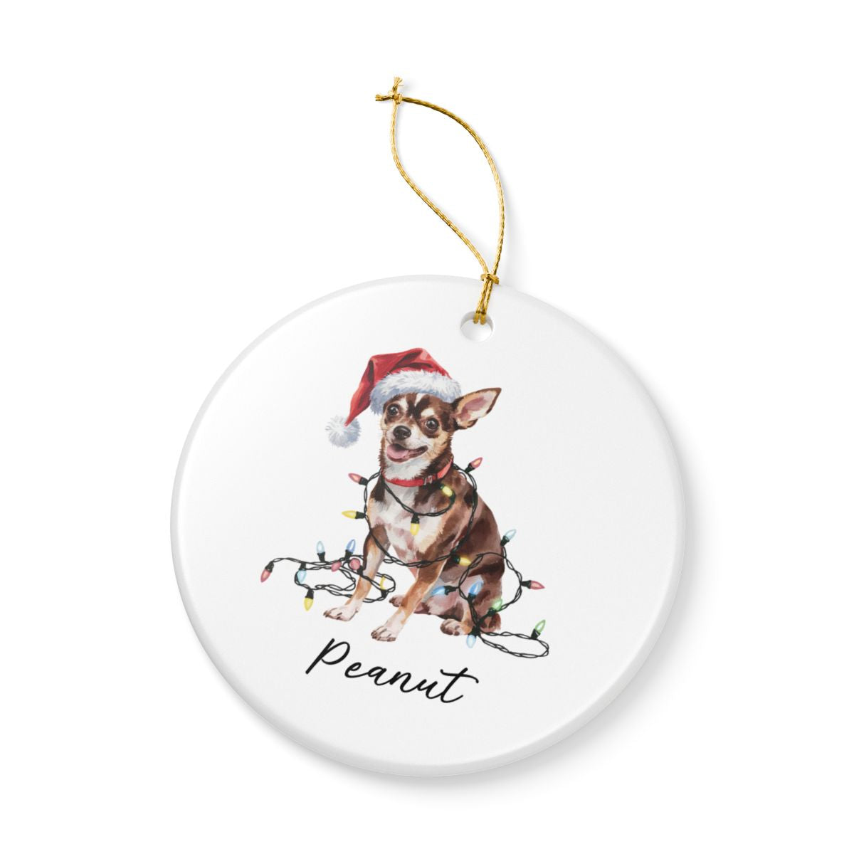 Personalized Black Chihuahua Christmas Ornament, Santa Hat Lights Ceramic Keepsake