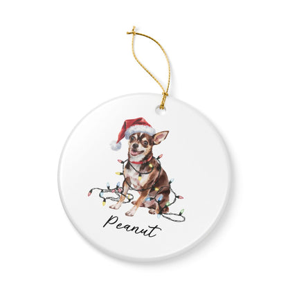 Personalized Black Chihuahua Christmas Ornament, Santa Hat Lights Ceramic Keepsake