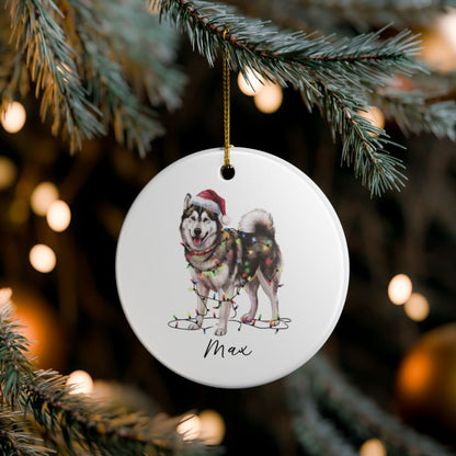 Personalized Alaskan Malamute Christmas Ornament, Dog Name Decor, Ceramic Pet Gift