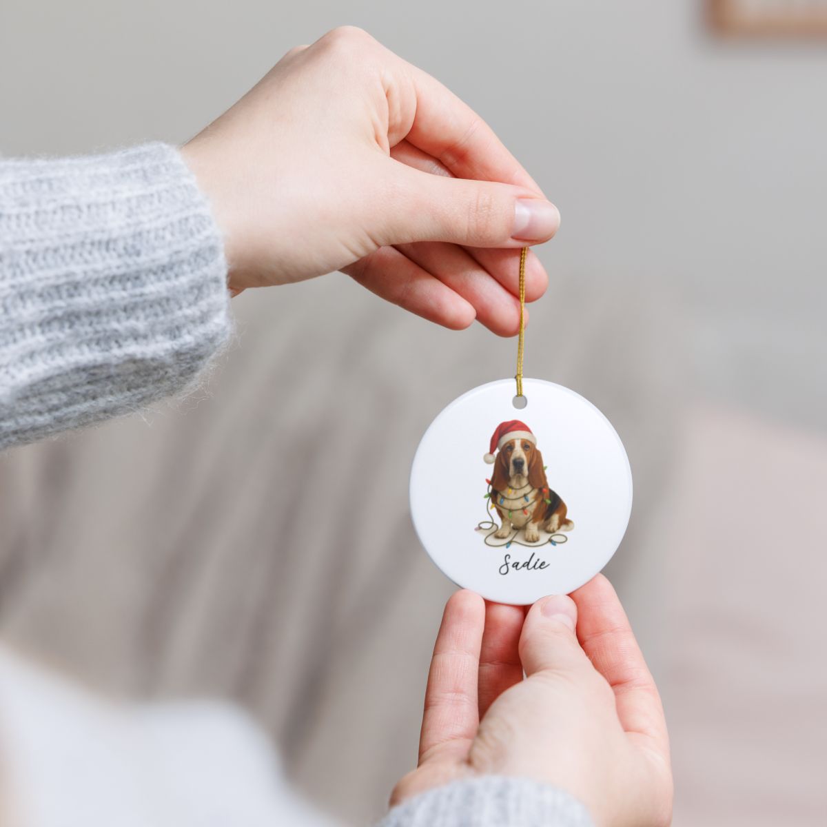 Personalized Basset Hound Christmas Ornament, Ceramic Dog Decor, Santa Hat Lights Keepsake