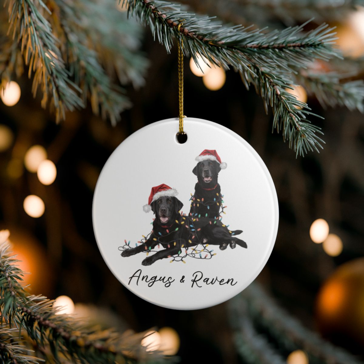 Personalized Black Lab Christmas Ornament: Festive Dog Duo with Lights, Ceramic Keepsake