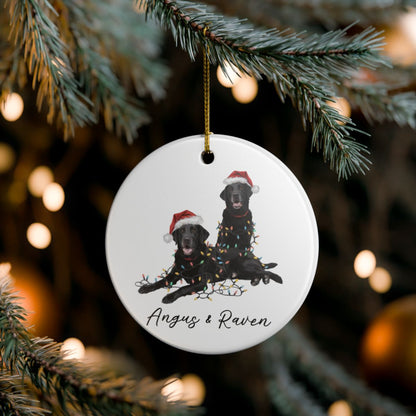 Personalized Black Lab Christmas Ornament: Festive Dog Duo with Lights, Ceramic Keepsake