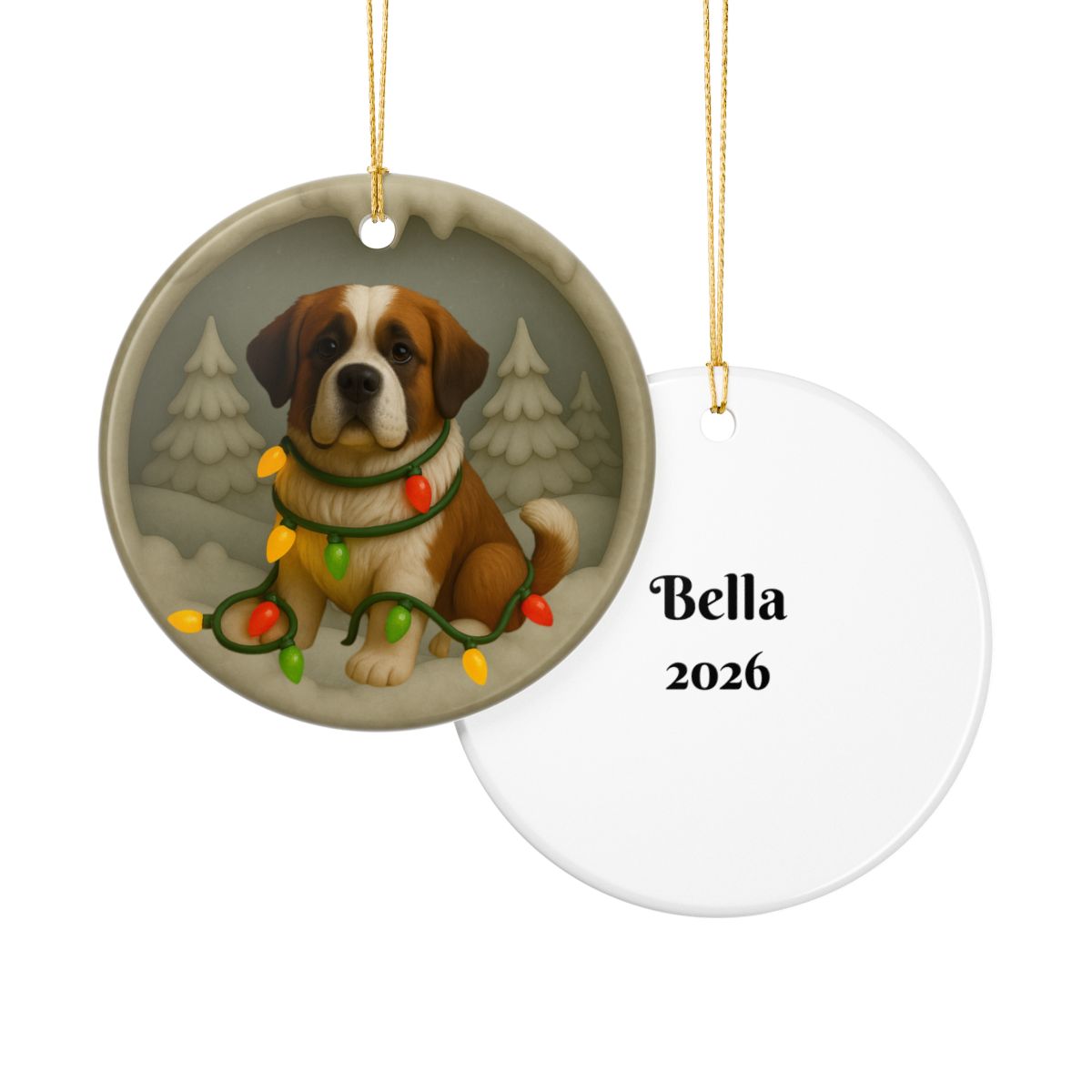 Personalized Saint Bernard Christmas Ornament, 3D Clay-Style Dog Keepsake with Lights