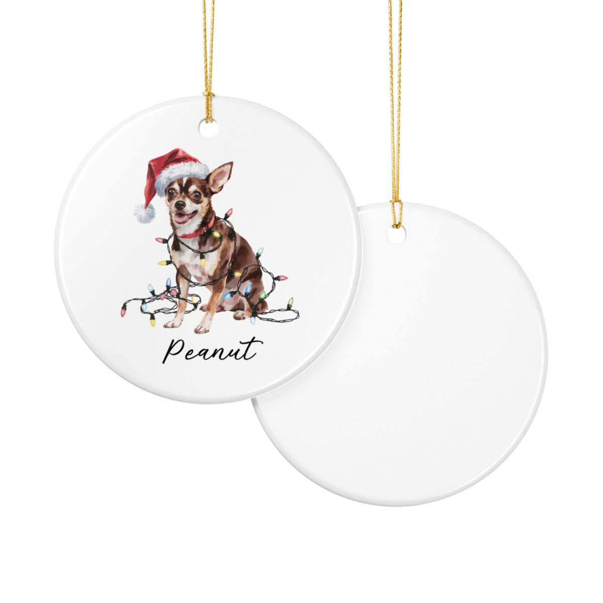 Personalized Black Chihuahua Christmas Ornament, Santa Hat Lights Ceramic Keepsake
