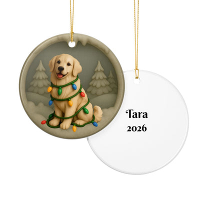 Personalized English Cream Golden Retriever Christmas Ornament, Custom Golden with Holiday Lights Keepsake